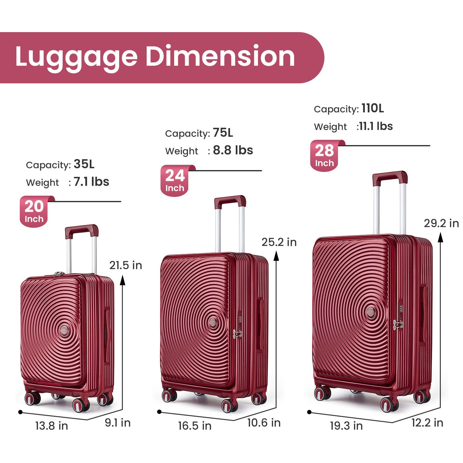 Luggage Sets 3 Piece(20/24/28), Expandable Carry On Luggage with TSA Lock Airline Approved, 100% PC Hard Shell and Lightweight Suitcase with Front Pocket and Spinner Wheels