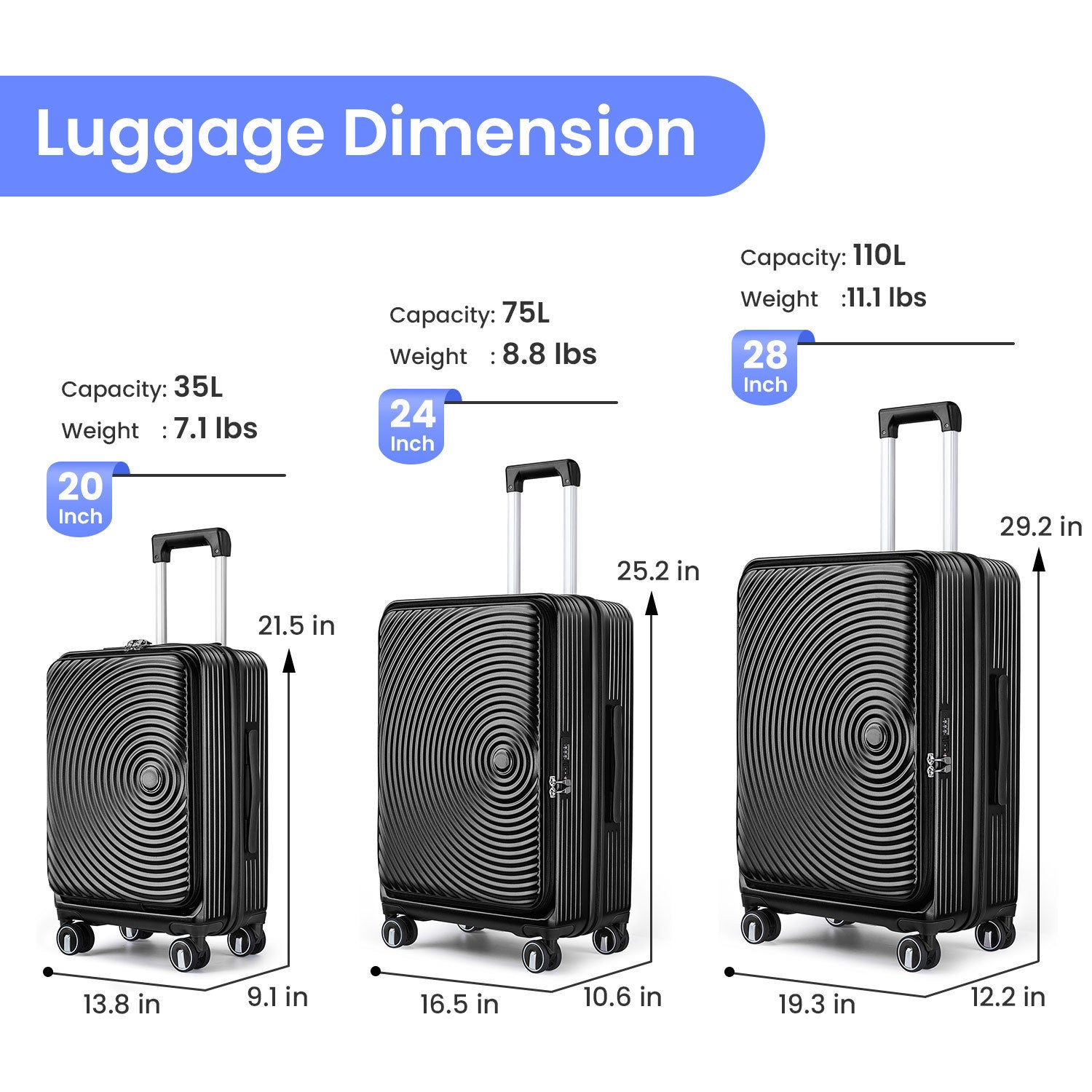 Luggage Sets 3 Piece(20/24/28), Expandable Carry On Luggage with TSA Lock Airline Approved, 100% PC Hard Shell and Lightweight Suitcase with Front Pocket and Spinner Wheels