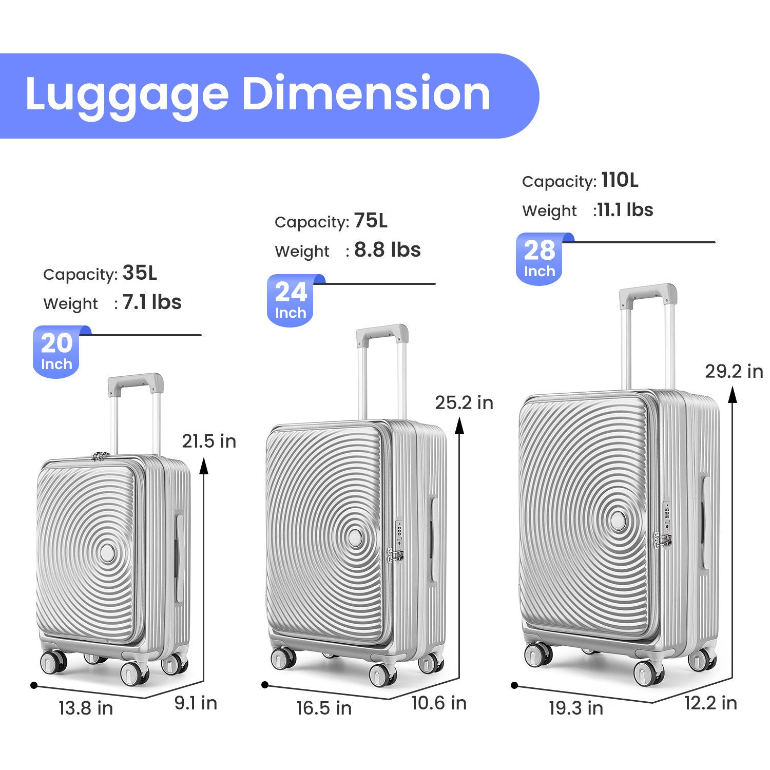 Luggage Sets 3 Piece(20/24/28), Expandable Carry On Luggage with TSA Lock Airline Approved, 100% PC Hard Shell and Lightweight Suitcase with Front Pocket and Spinner Wheels