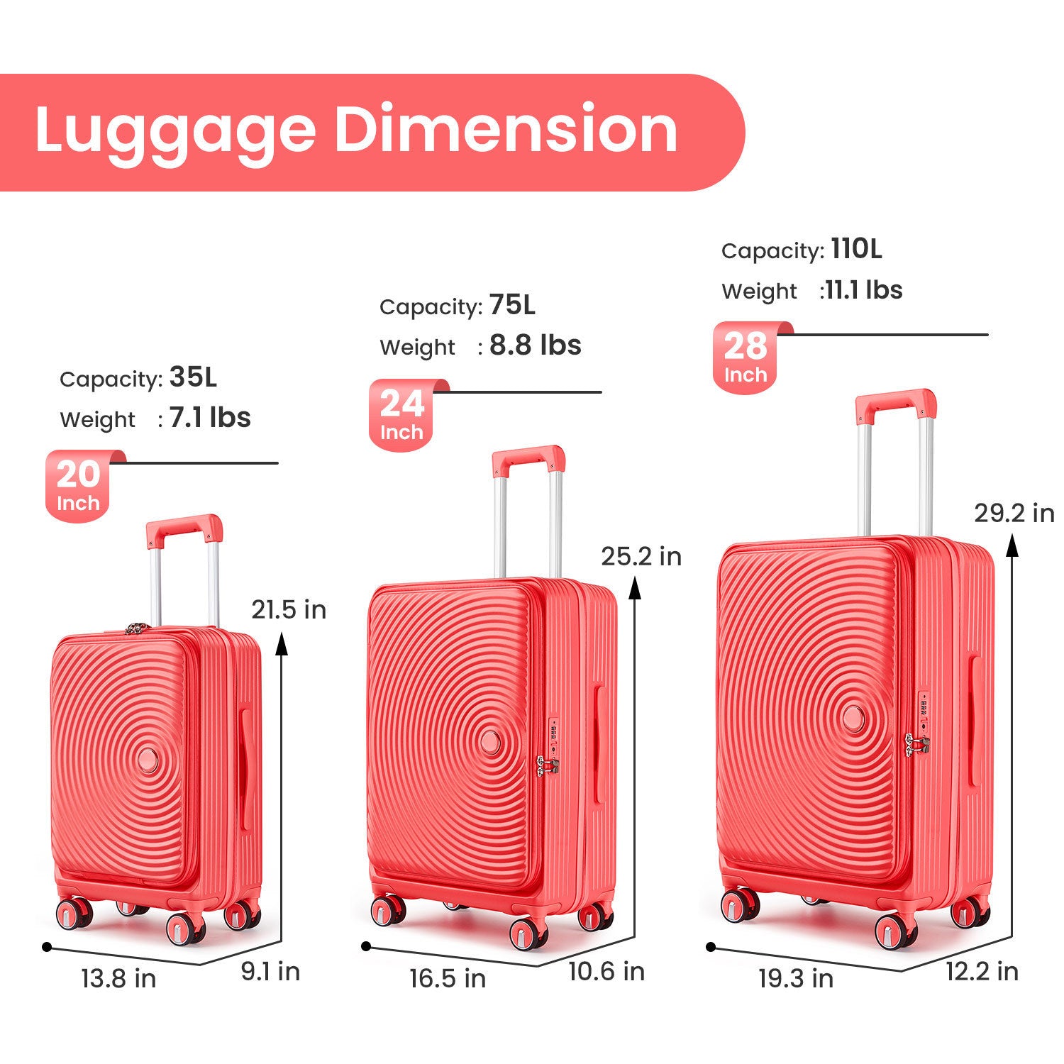 Luggage Sets 3 Piece(20/24/28), Expandable Carry On Luggage with TSA Lock Airline Approved, 100% PC Hard Shell and Lightweight Suitcase with Front Pocket and Spinner Wheels
